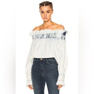 MSGM Milano Designer M 42 Bohemian Ruffle Poet Bleached Denim Cold Shoulder Top